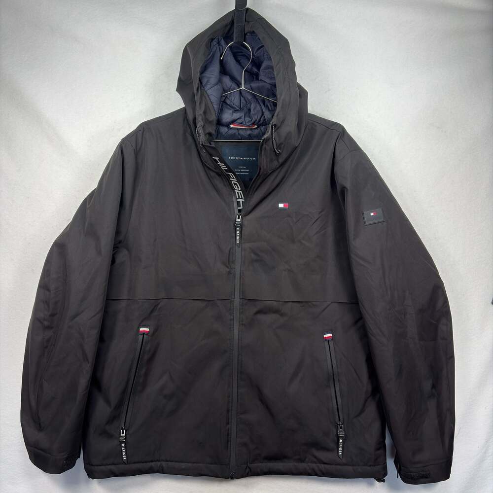 Tommy Hilfiger Jacket Mens XL Black‎ Hooded Softshell Water Resistant Stretch
